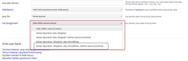 Gambar 4. Pilihan kriteria pencarian berdasarkan perijinan konten